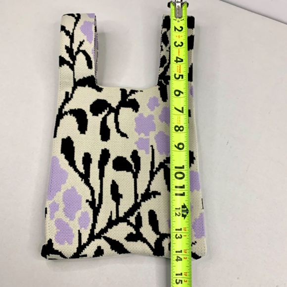 2 knit boho wrists purse totes, black white ribbon and lavender floral pattern - Picture 6 of 14